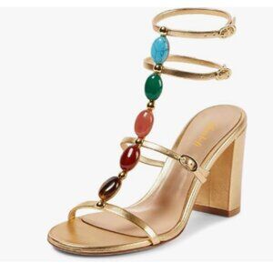 miss left Gold Gorgeous T-Strap Buckled Jewelled Gladiator Open Toe Sandals